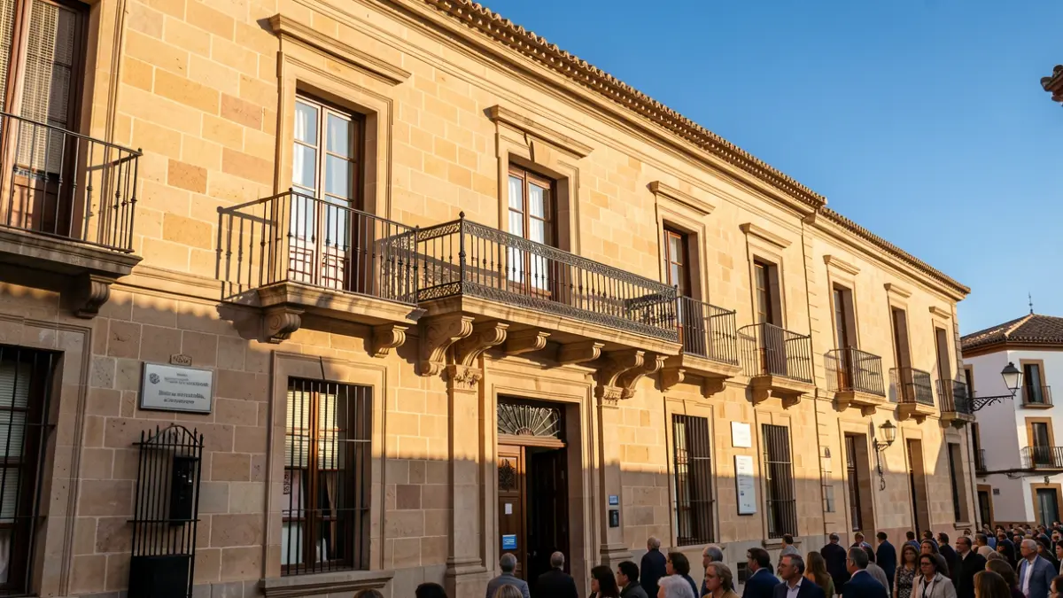 Fachada de un ayuntamiento andaluz con balcón y barandillas de hierro, luz de tarde.