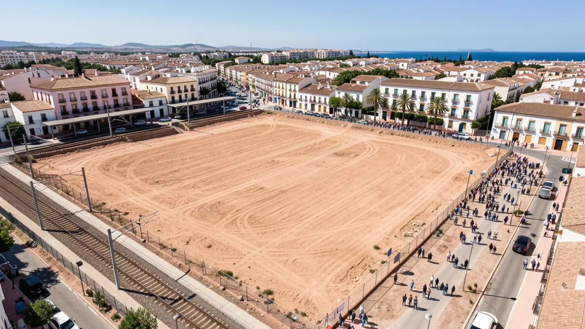 Generic image of an empty plot of land next to a train station in an Andalusian city.