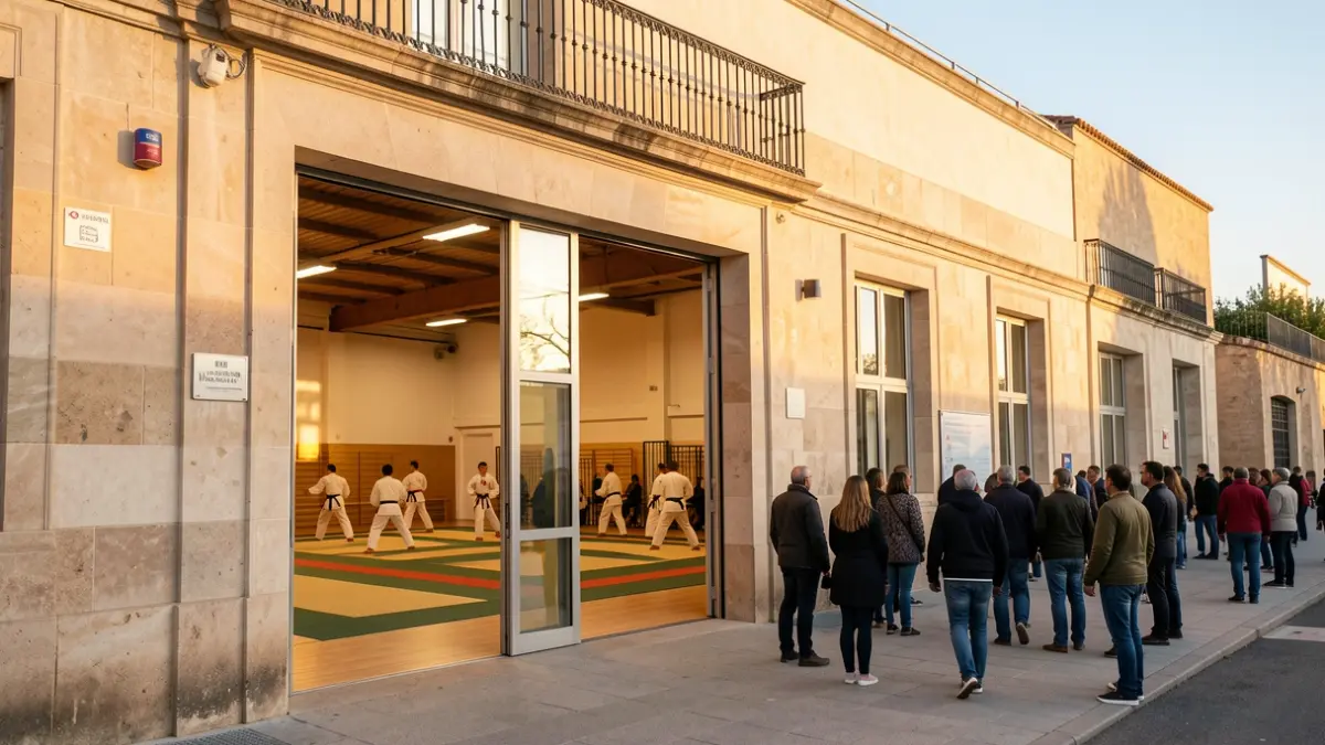 Fachada de un polideportivo municipal en Ronda con una puerta abierta que deja ver un tatami.
