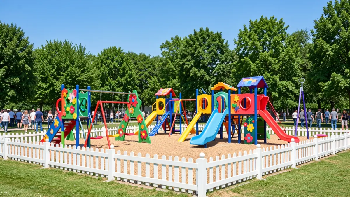 Generic image of a renovated children's playground with flower themes and new trees.