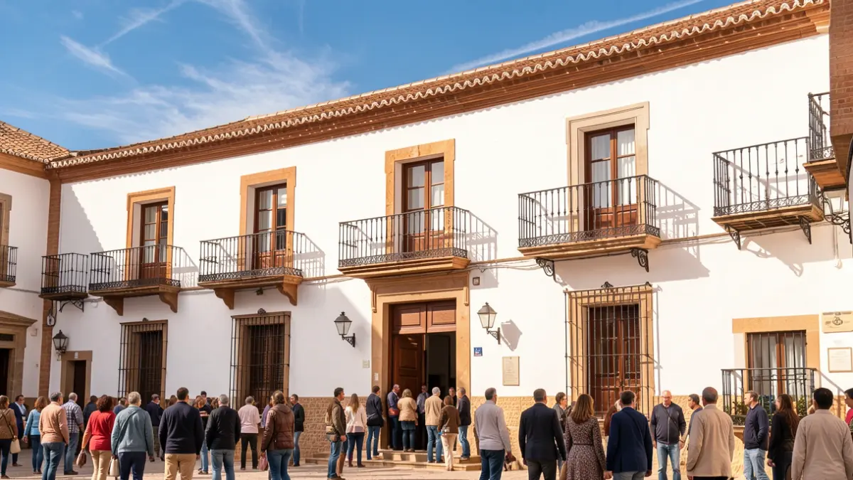 Imagen genérica de la fachada de un ayuntamiento andaluz con balcones de hierro forjado bajo un cielo azul y sol brillante.