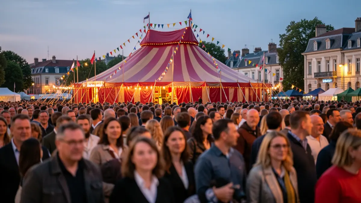 Generic image of a circus tent illuminated at dusk with blurred people in front.