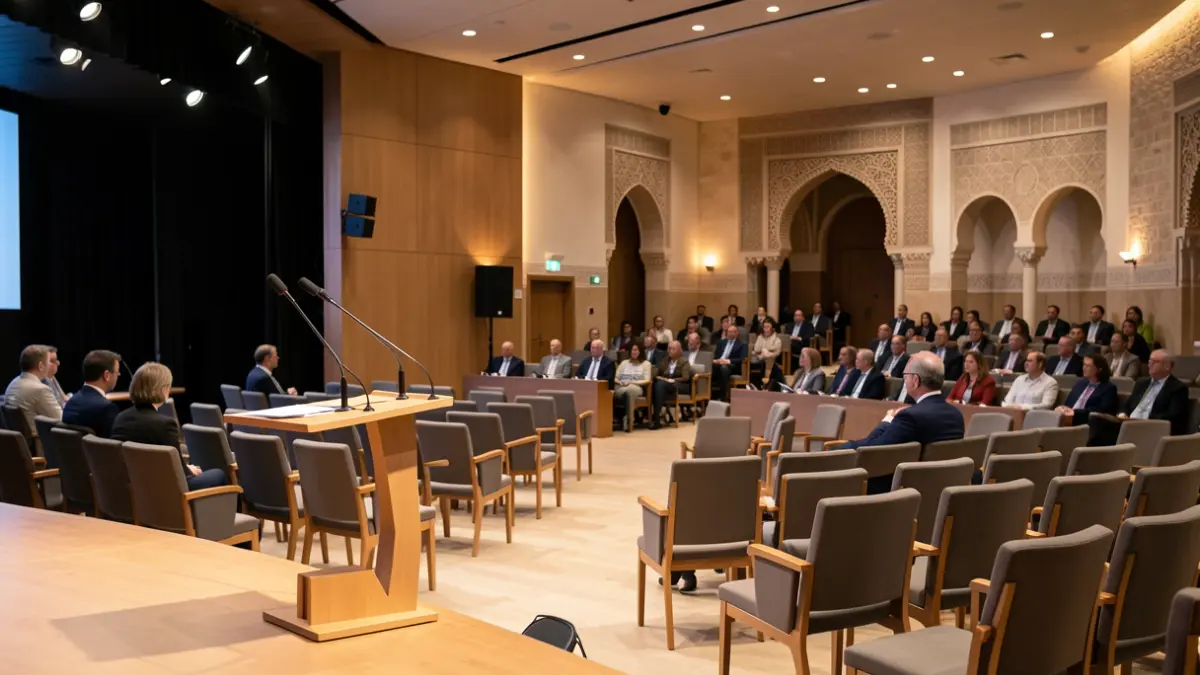 Imagen genérica de un salón de actos con un escenario y sillas vacías.