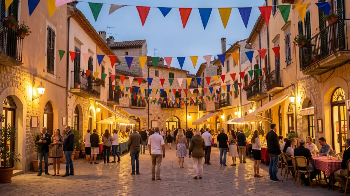 Imagen genérica de una plaza de pueblo andaluz con decoración festiva al atardecer.