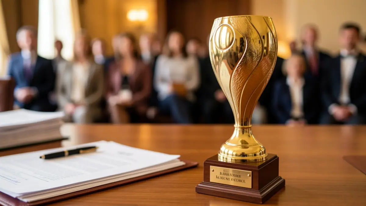 Close-up of a generic sports trophy on a wooden desk with blurred official documents.