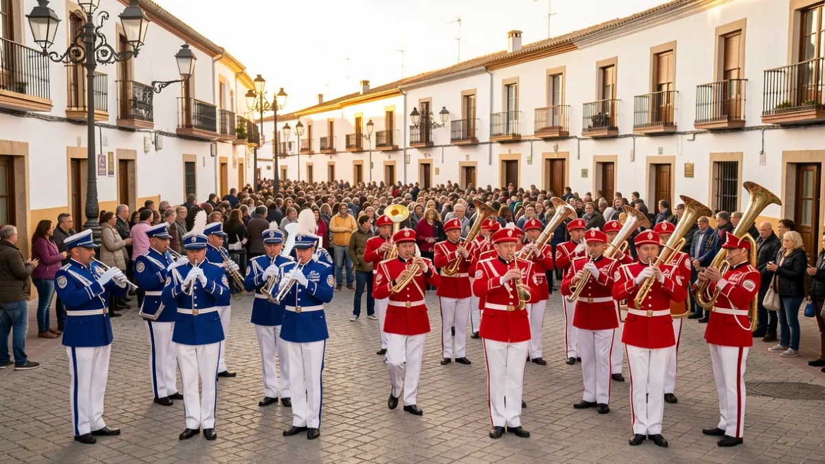 Musicians from two bands performing in the Salobreña town square during the Patron Saint Festivals.