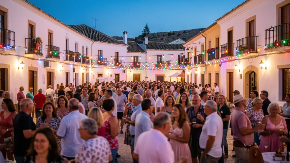 Imagen genérica de una plaza de pueblo andaluz con gente celebrando fiestas.
