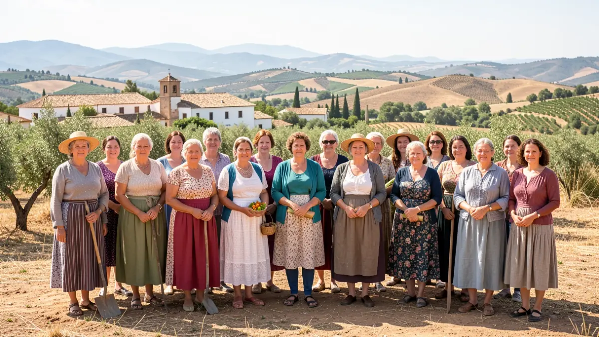 Generic image of a diverse group of women in a sunny rural setting, with hills and Andalusian architecture in the background.
