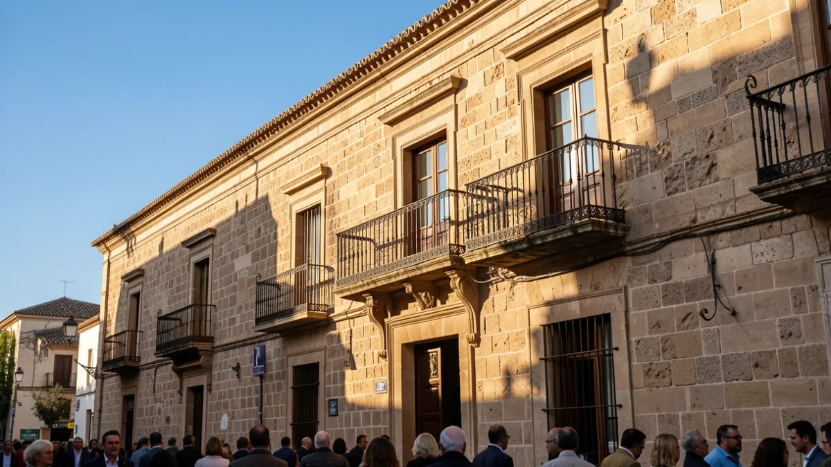 Generic image of a historical stone building facade with an ornate balcony and iron railings, under warm afternoon sunlight.