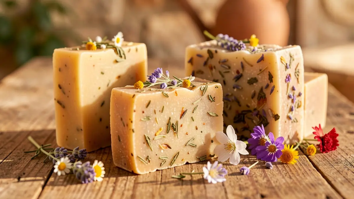 Imagen genérica de barras de jabón artesanal con ingredientes naturales sobre una superficie de madera rústica.