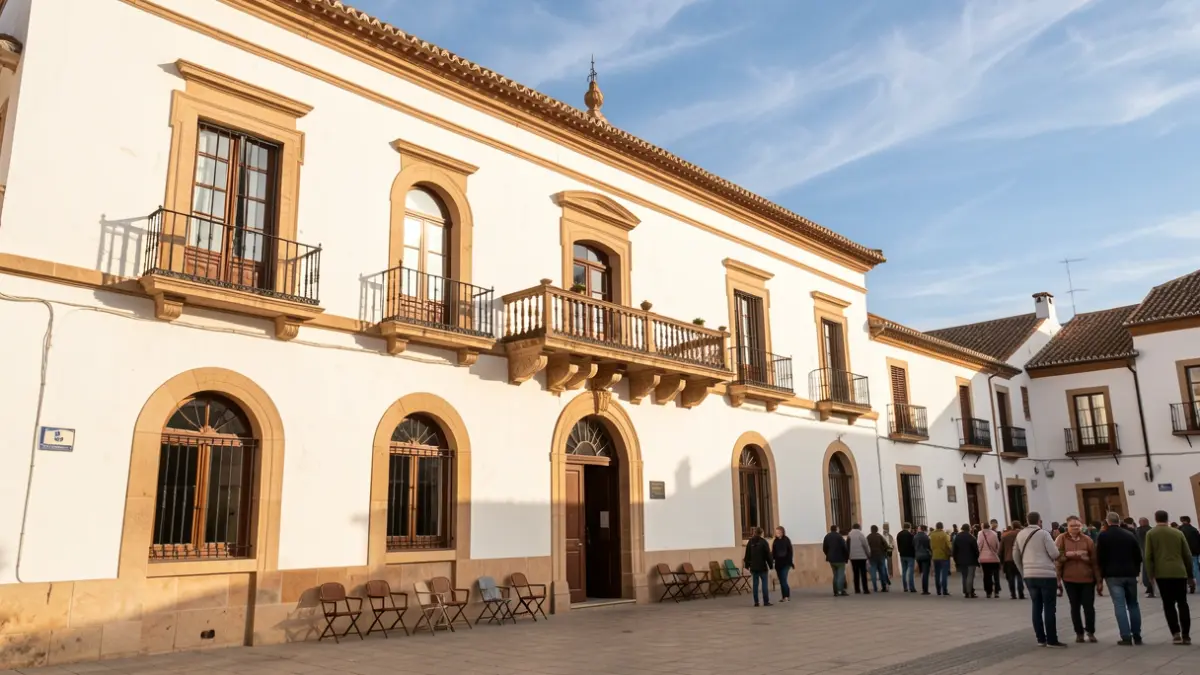 Imagen genérica de la fachada de un ayuntamiento andaluz con balcón y luz de tarde.