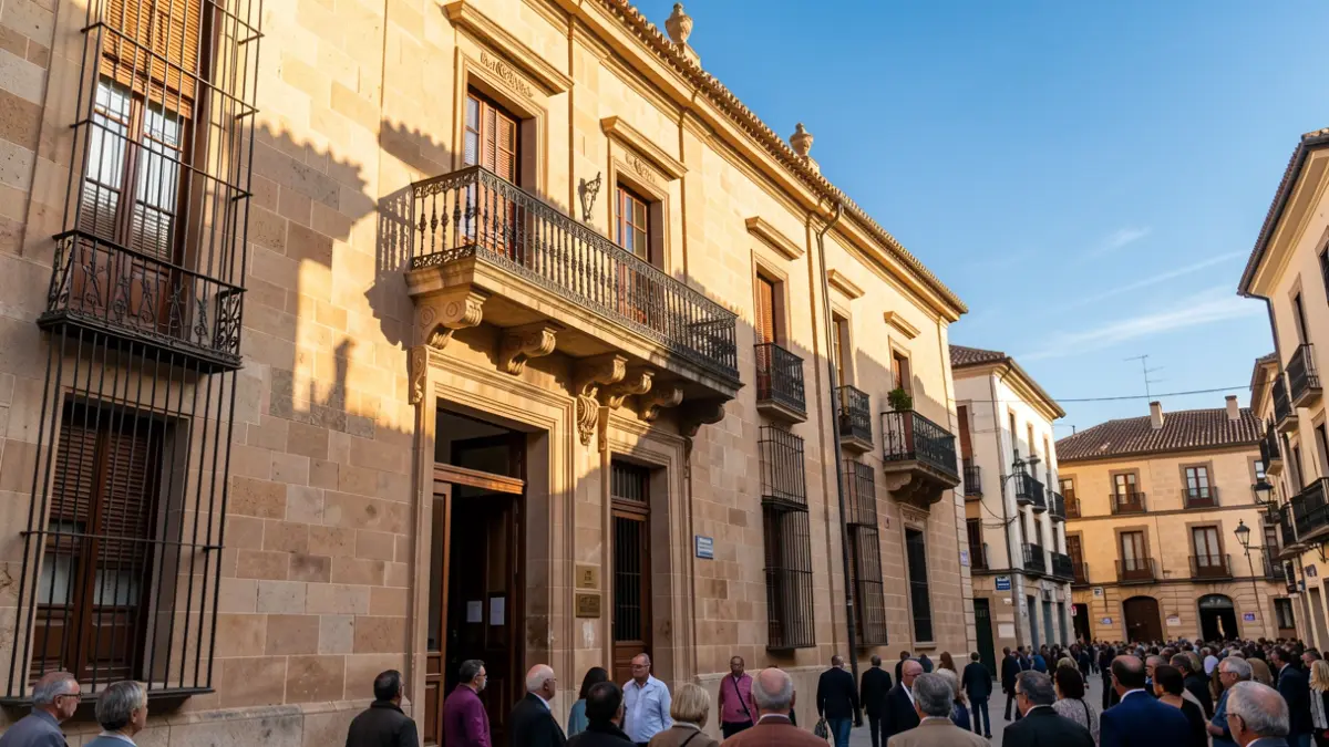 Generic image of an Andalusian town hall facade with an ornate balcony, under warm afternoon sunlight.