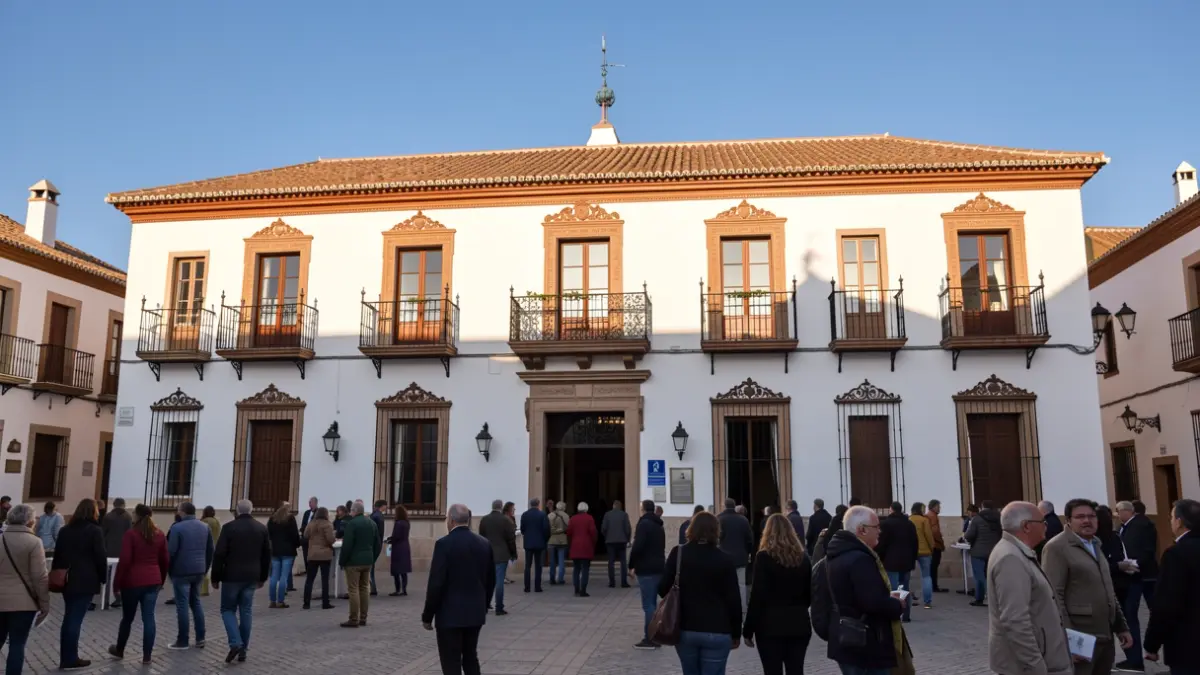 Generic image of an Andalusian town hall facade with iron balconies and afternoon light.
