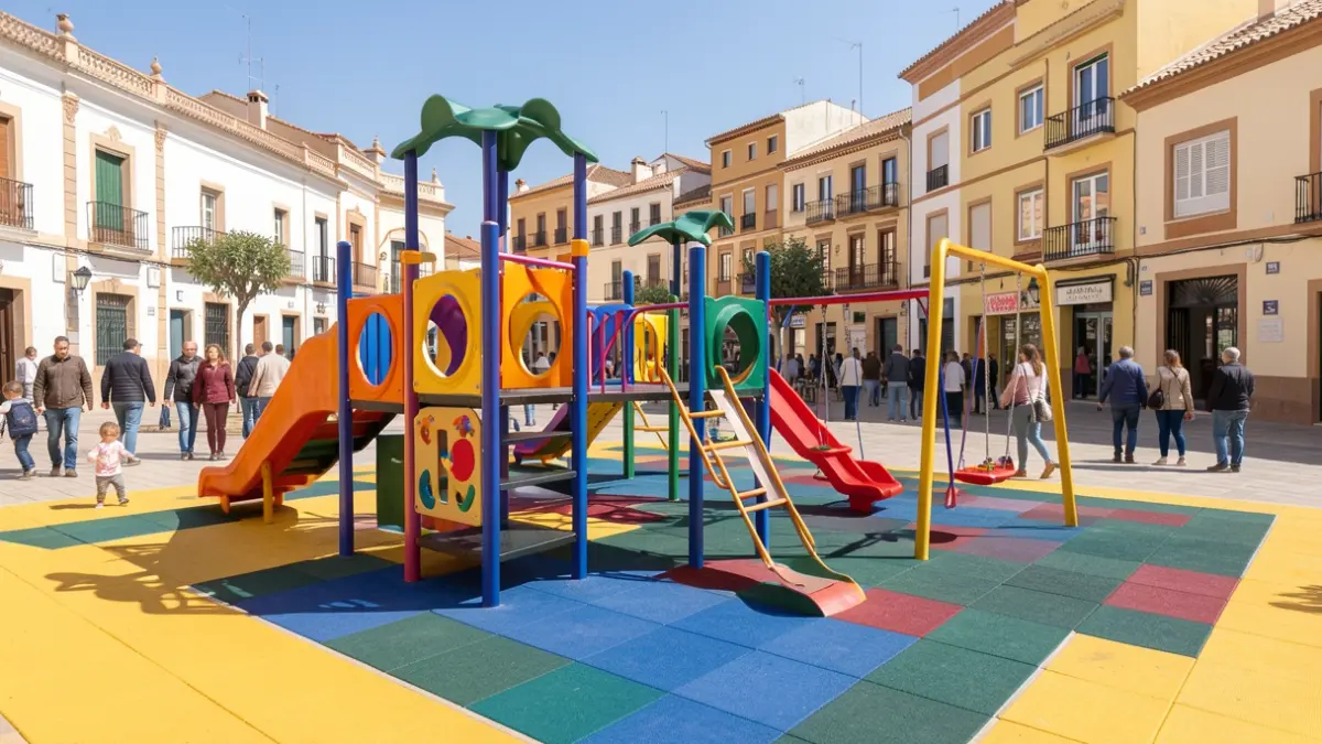 Nuevo parque infantil en Sanlúcar de Barrameda con estructuras de juego modernas y suelo de caucho.