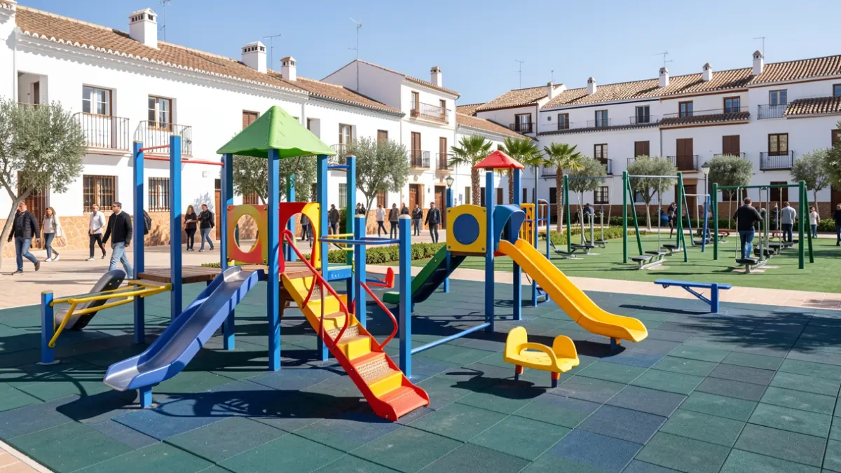 Imagen genérica de un parque infantil y zona biosaludable recién renovados en un barrio andaluz.
