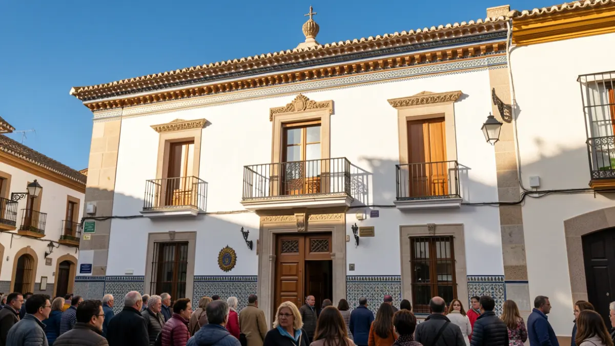 Imagen genérica de la fachada de un ayuntamiento andaluz con balcón y detalles de azulejos bajo un cielo azul.