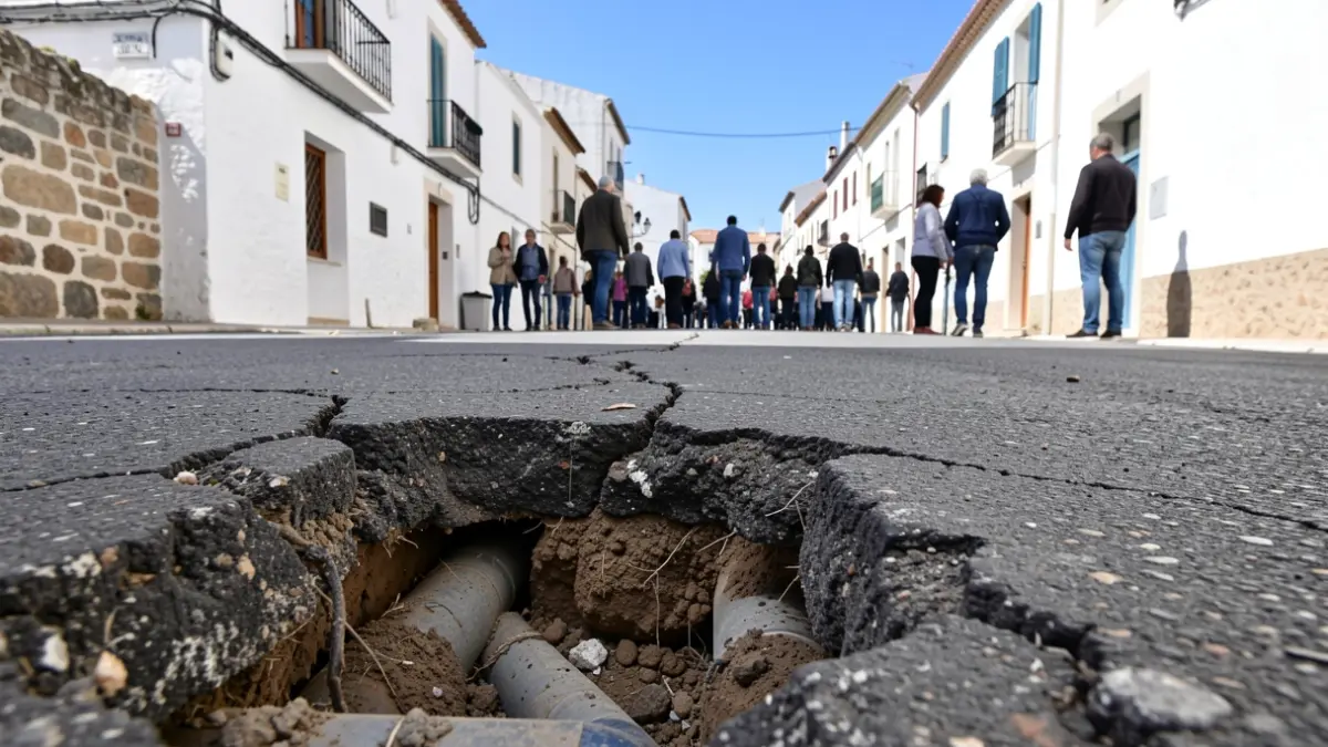 Imagen genérica de una zanja abierta en una calle con tuberías expuestas, en un entorno urbano mediterráneo.