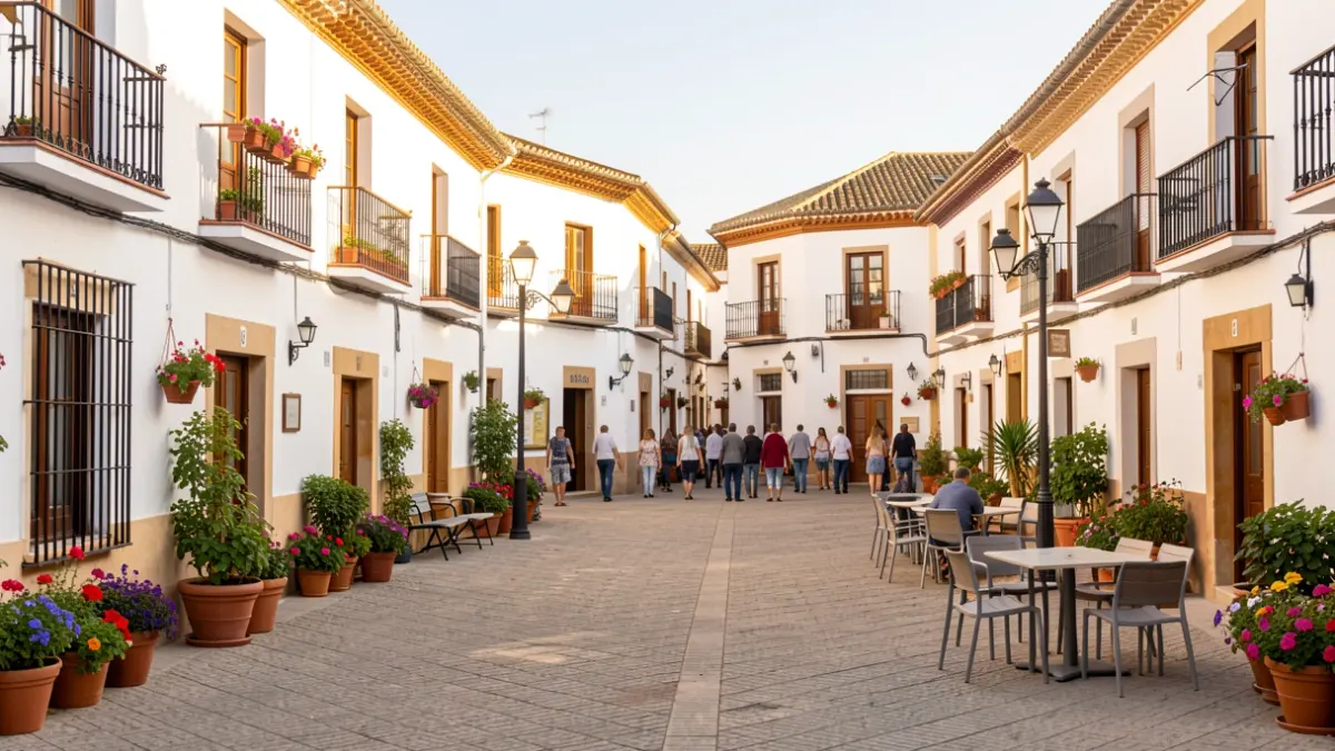 Imagen genérica de una plaza remodelada en un pueblo andaluz con edificios blancos y mobiliario urbano nuevo.