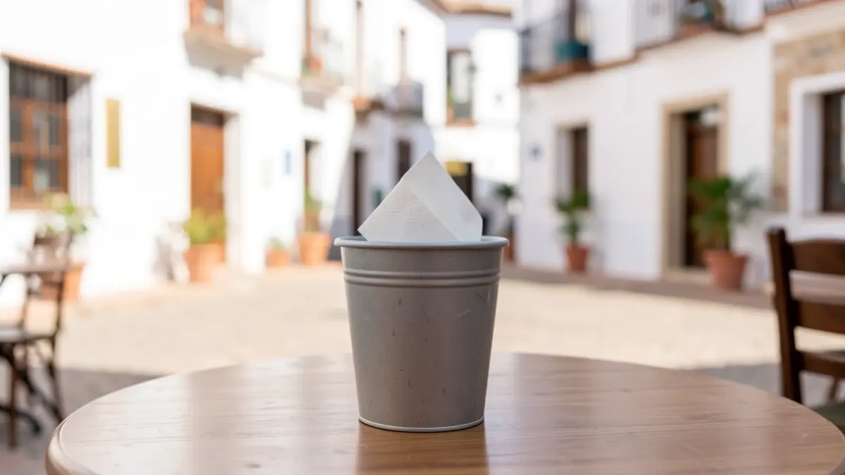 Generic image of a small trash bin for napkins on an outdoor cafe table in Andalusia.