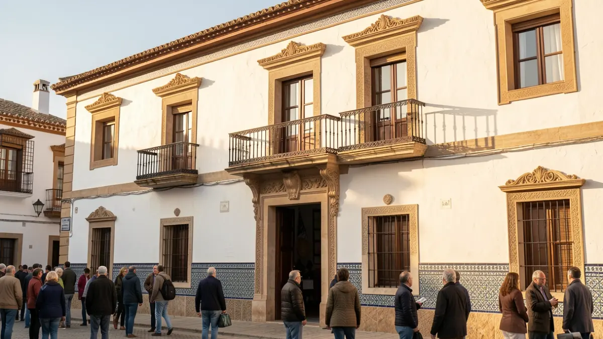 Imagen genérica de la fachada de un ayuntamiento andaluz con detalles arquitectónicos tradicionales y luz de tarde.