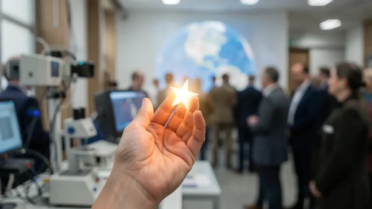 Woman's hand holding a glowing star with blurred scientific equipment in the background.