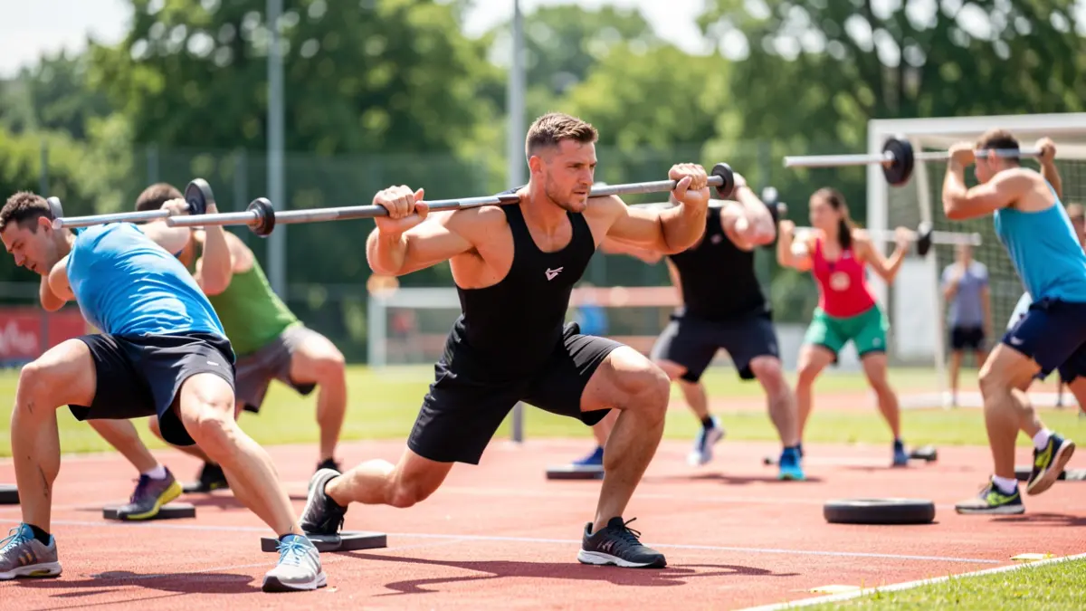 Generic image of an outdoor fitness competition with athletes performing exercises.