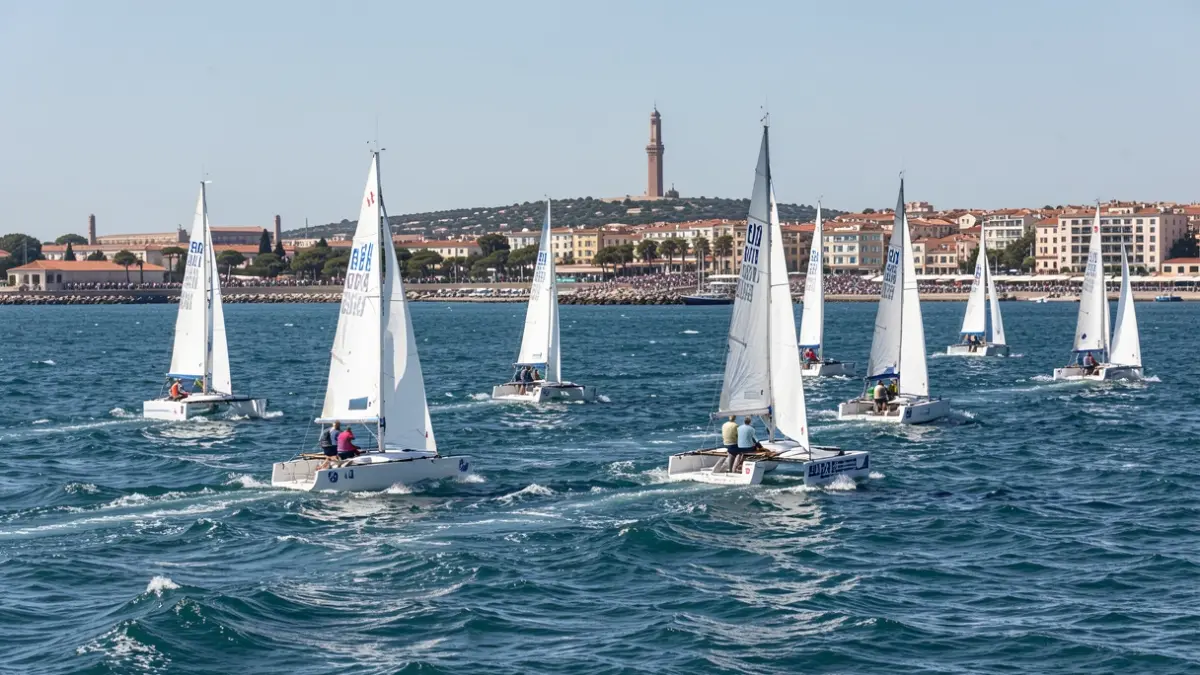 Regatistas compitiendo en el Campeonato de Andalucía de Catamaranes en la Bahía de Cádiz.