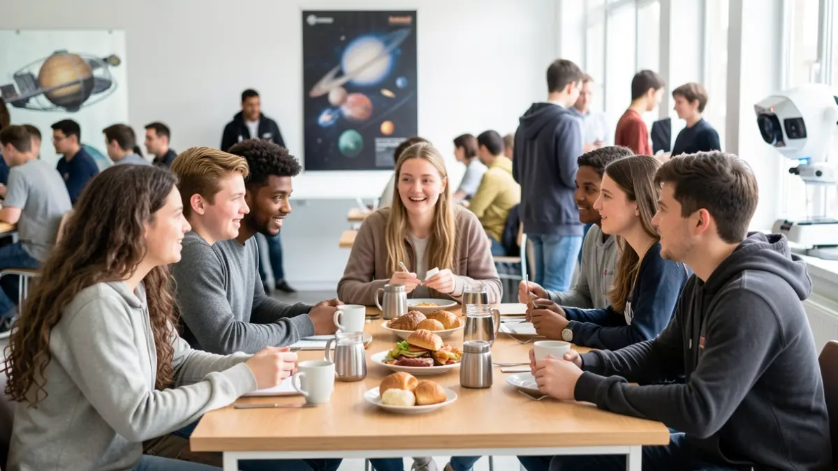High school students converse with researchers about space science during a breakfast meeting.