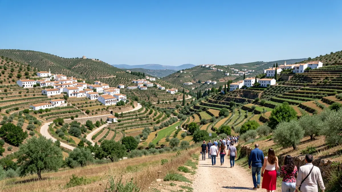 Landscape of the Alpujarra with white villages and hiking trails.