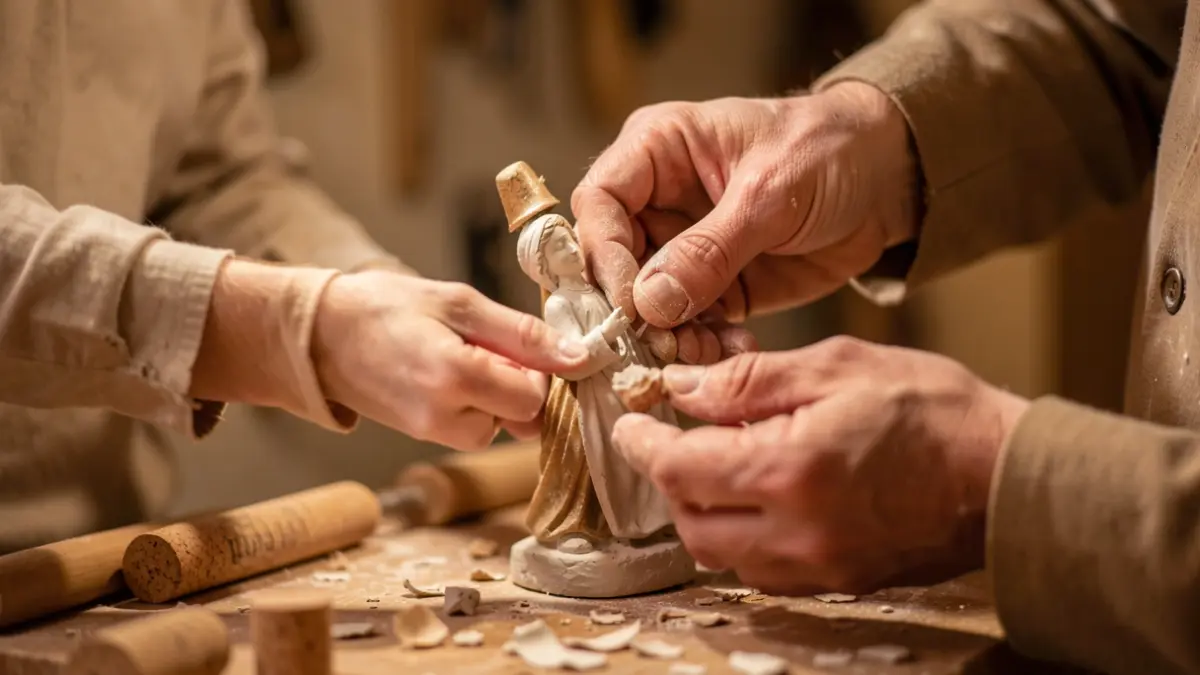 Manos trabajando con corcho y escayola para crear una figura de belén.