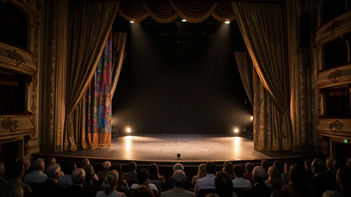 Generic image of an empty theatre stage with open curtains and spotlights.