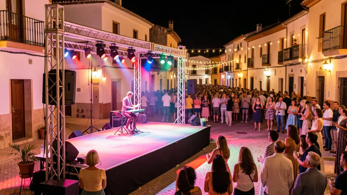 Night scene of an outdoor stage in an Andalusian town square during patron saint festivals.