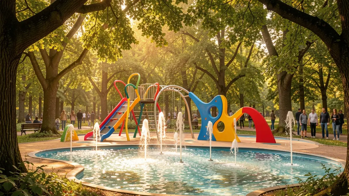 Image of the future children's play area in La Batería Park, Torremolinos, with a magical forest theme, inclusive games, and a water zone.