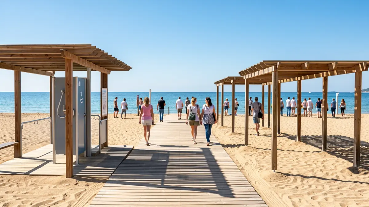 Imagen genérica de elementos de accesibilidad en una playa, como pasarelas de madera y módulos de servicios.