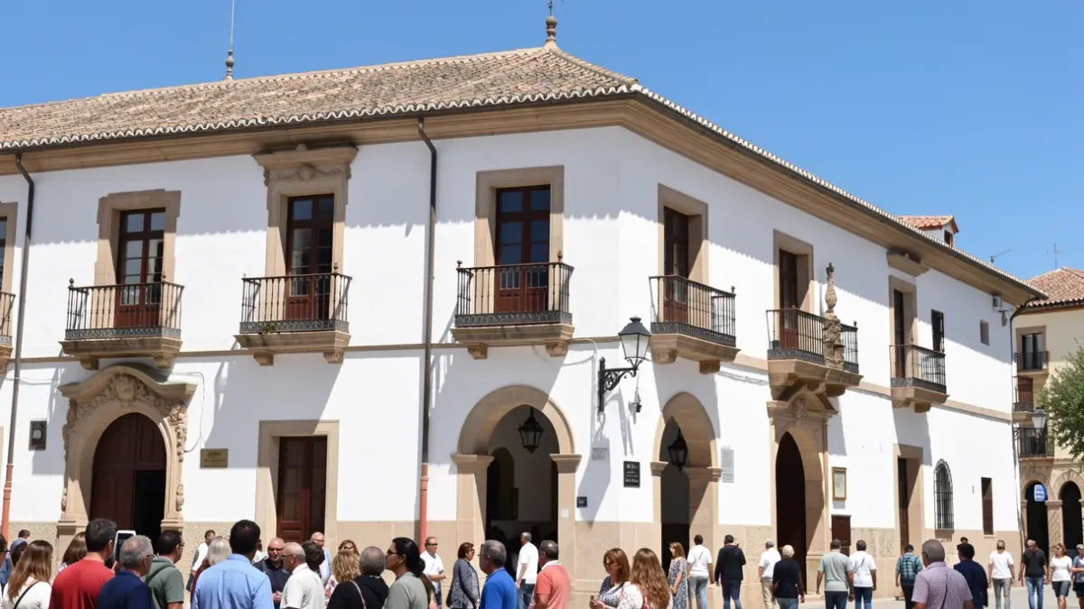 Fachada de un ayuntamiento andaluz con paredes blancas y tejado de tejas, bajo el sol brillante.
