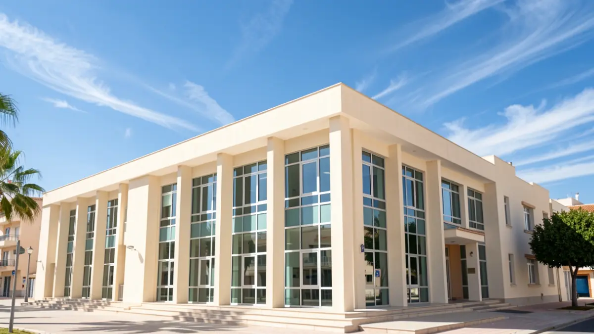Facade of the Torremolinos Town Hall in sunlight.
