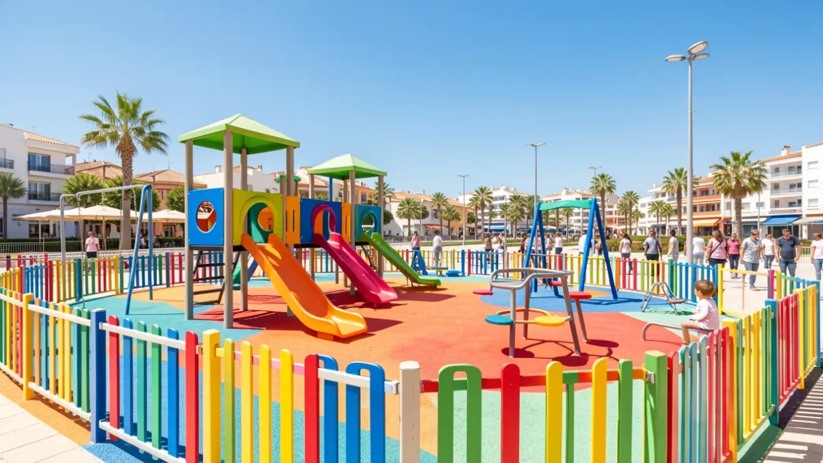 Parque infantil renovado en Torremolinos con juegos modernos y accesibles.