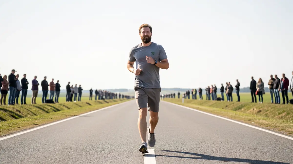 Image of a lone runner on a long, straight road, emulating Forrest Gump, as part of a charity challenge.