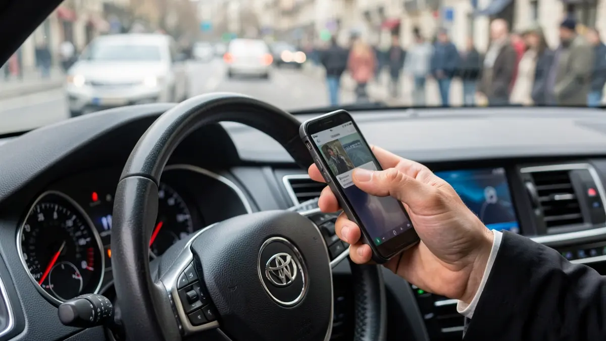 Primer plano de un volante con una mano sujetando un teléfono móvil, con la carretera y el salpicadero borrosos al fondo.