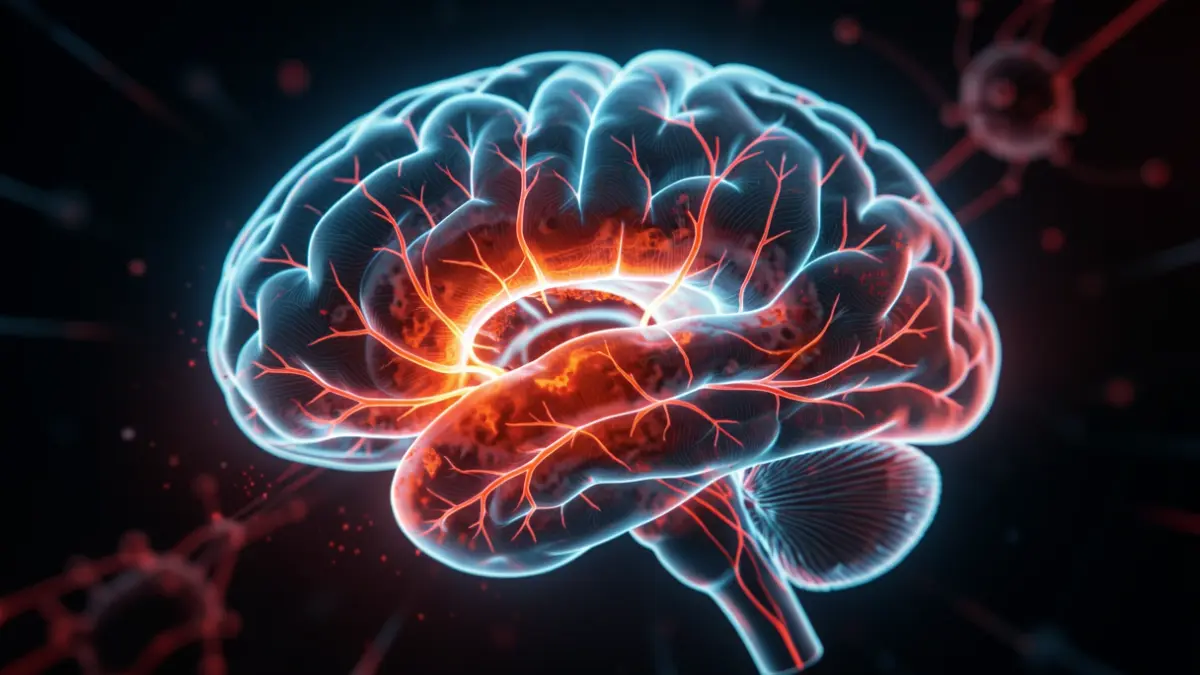 Abstract scientific illustration of a brain with inflamed neural pathways and stress signals.