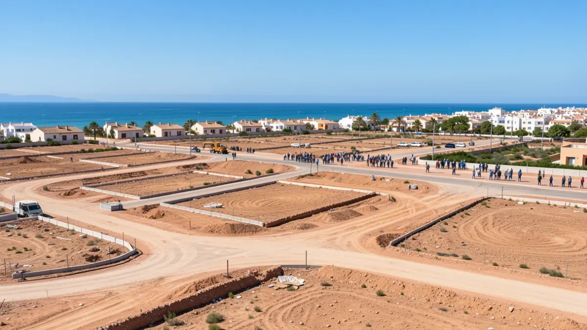 Imagen de la zona de desarrollo urbanístico de Las Vaqueras en Chipiona, con parcelas y obras pendientes.