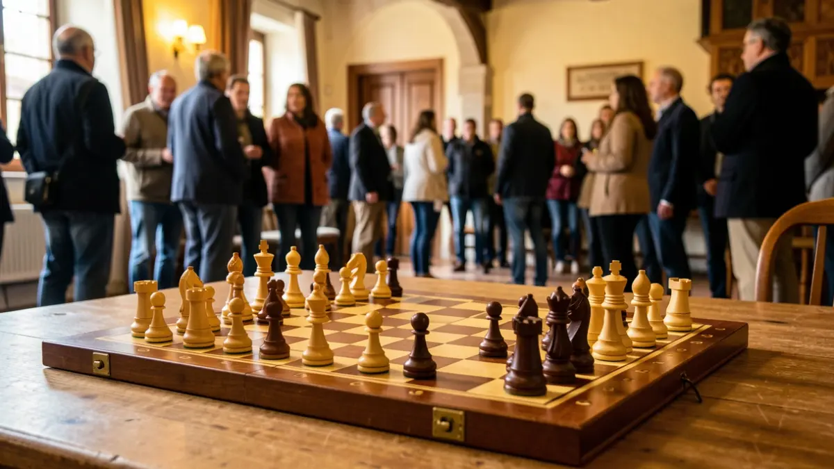 Tablero de ajedrez en un torneo local con participantes de fondo.