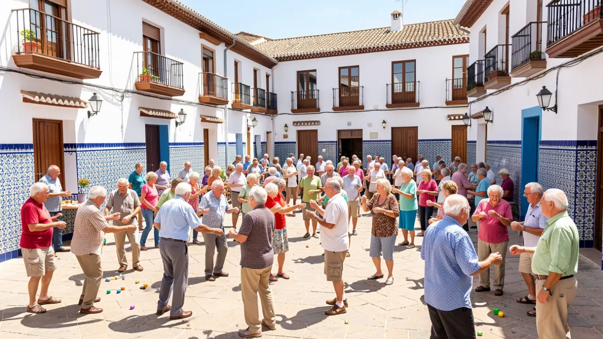 Imagen genérica de una plaza de pueblo andaluz llena de personas mayores celebrando el Día Internacional de las Personas Mayores con actividades.