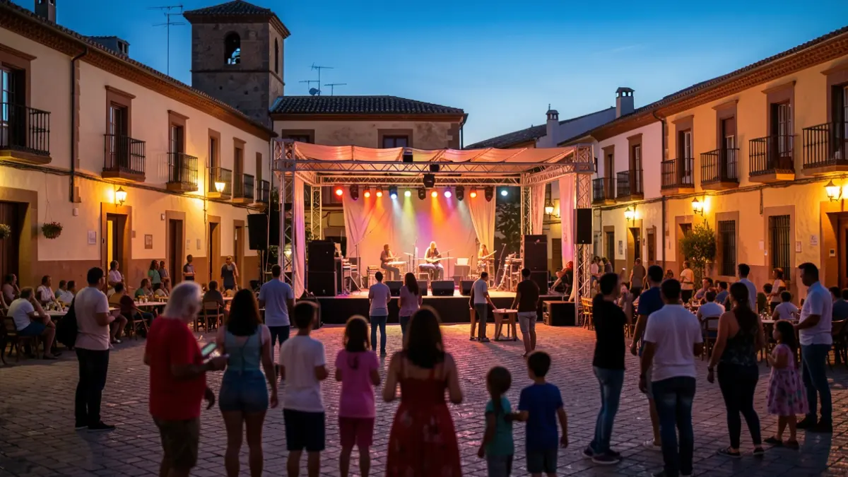 Imagen genérica de una plaza andaluza al atardecer con un escenario y público difuminado.