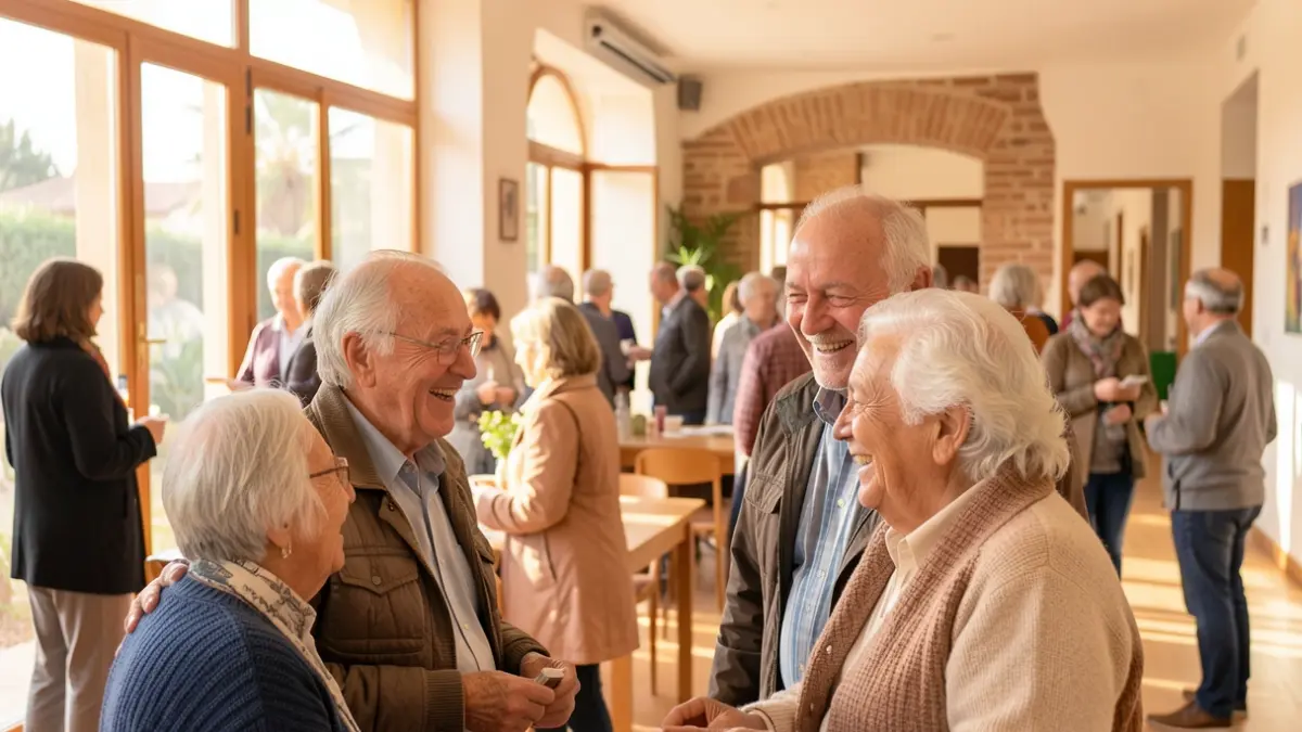 Imagen genérica de personas mayores y sus cuidadores reunidos en un centro comunitario en Andalucía, con luz solar de la tarde.
