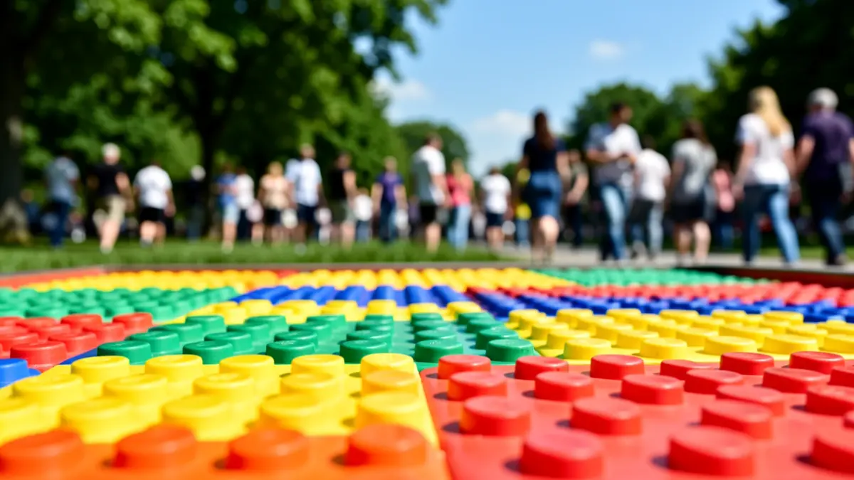 Imagen genérica de baldosas de caucho de colores en un parque infantil con luz solar.