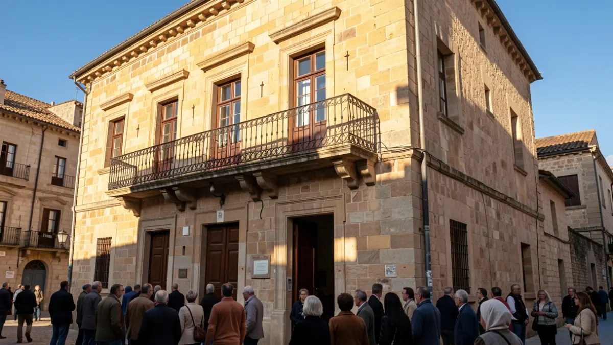 Fachada de un ayuntamiento de Andalucía con balcón y barandillas de hierro, bajo la luz del sol de la tarde.