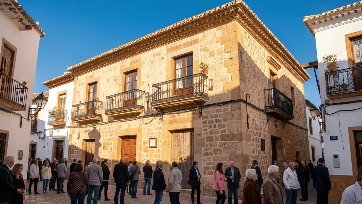 Fachada de un ayuntamiento blanco andaluz con balcones de hierro.