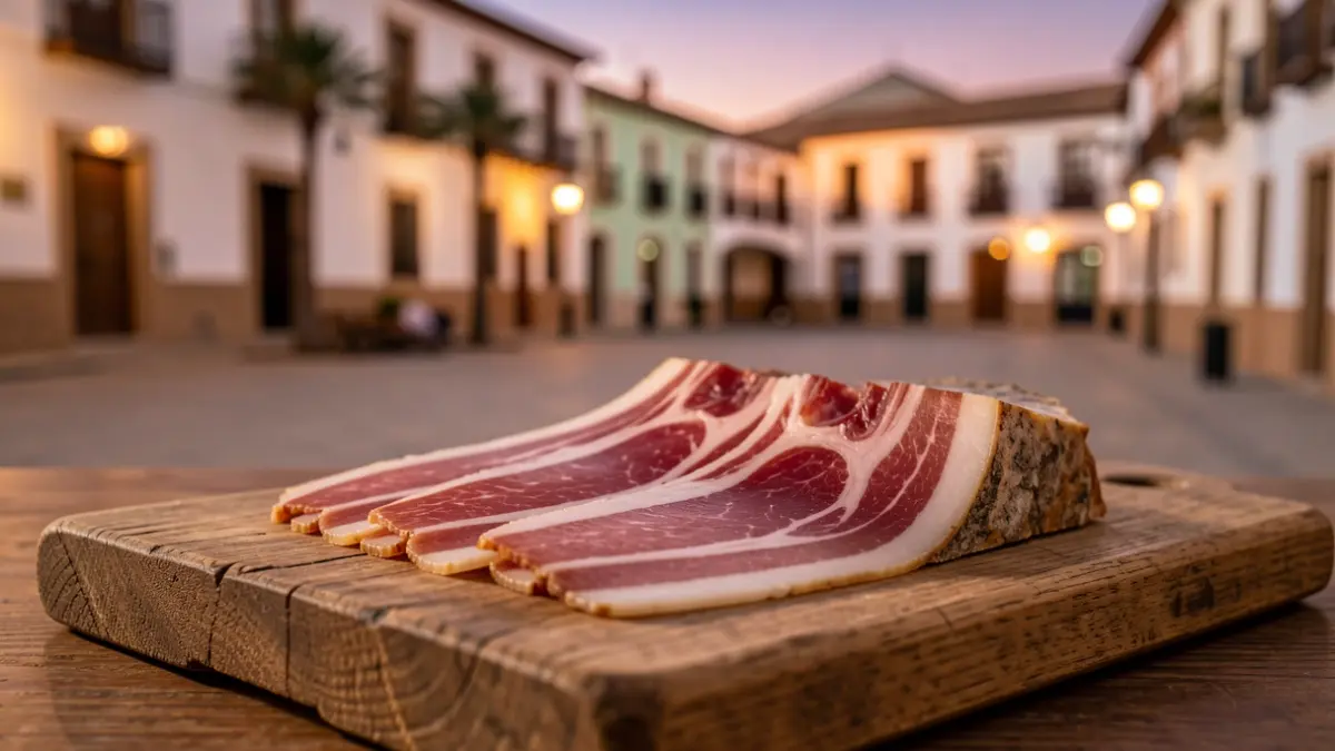 Imagen genérica de un corte de jamón ibérico sobre una tabla de madera, con un fondo desenfocado de una plaza de pueblo andaluz al atardecer.