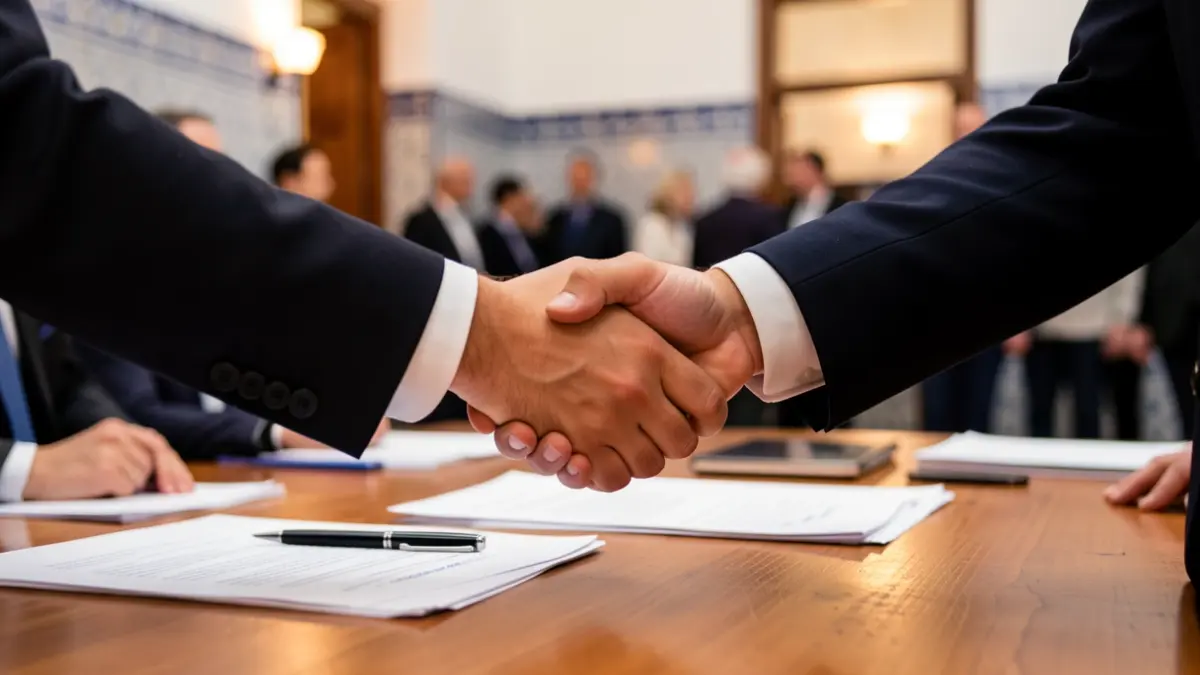 Manos de dos empresarios estrechándose sobre un escritorio con documentos, simbolizando un acuerdo de colaboración.